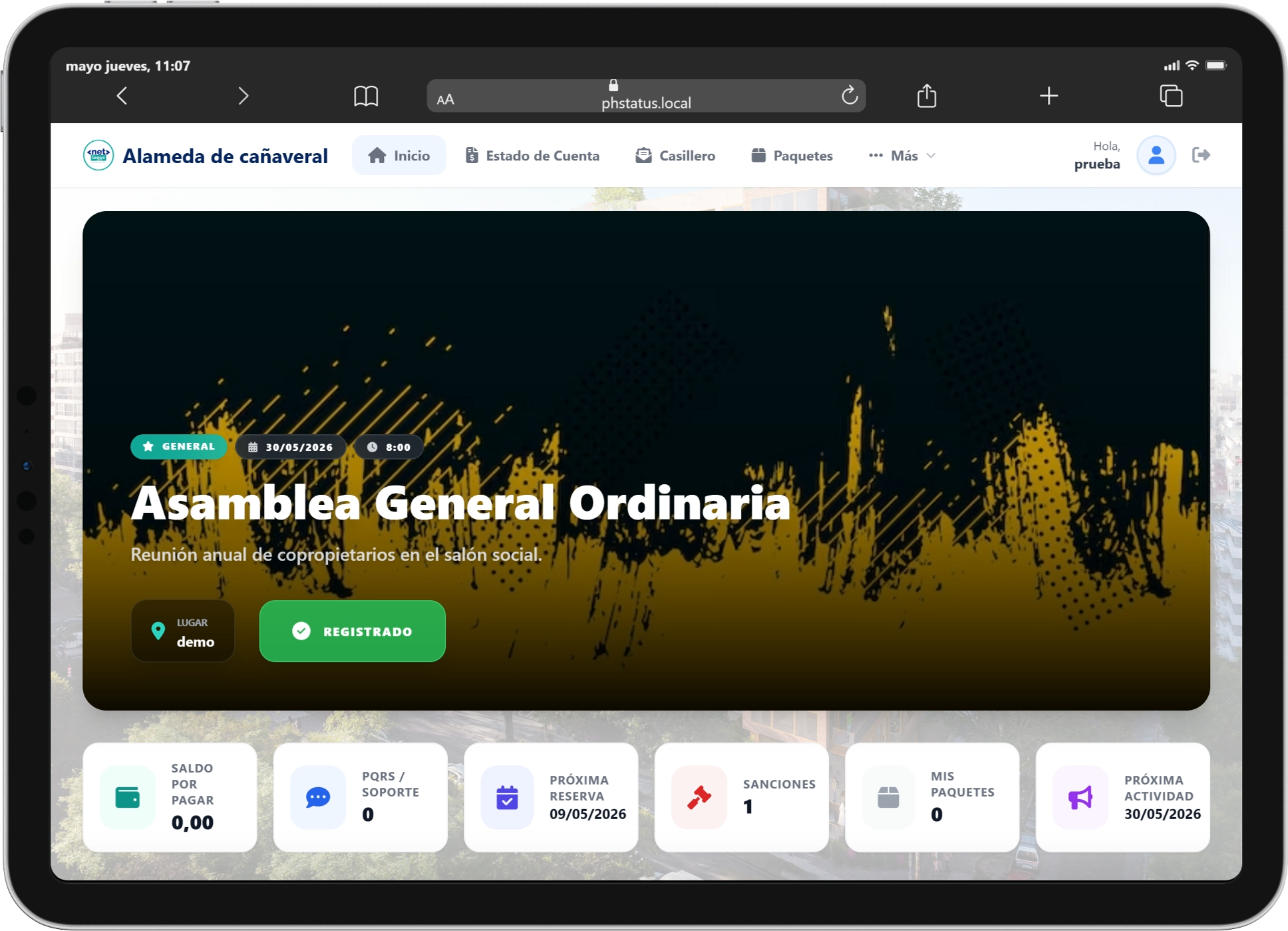 Portal PHSTATUS visualizado en tablet