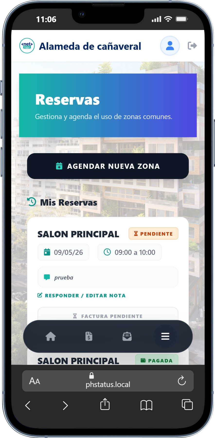 Vista móvil del portal PHSTATUS en iPhone