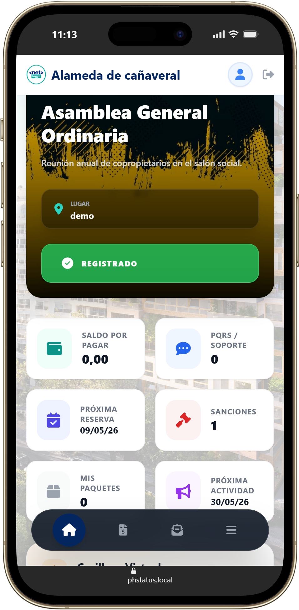 Vista móvil ampliada del portal PHSTATUS